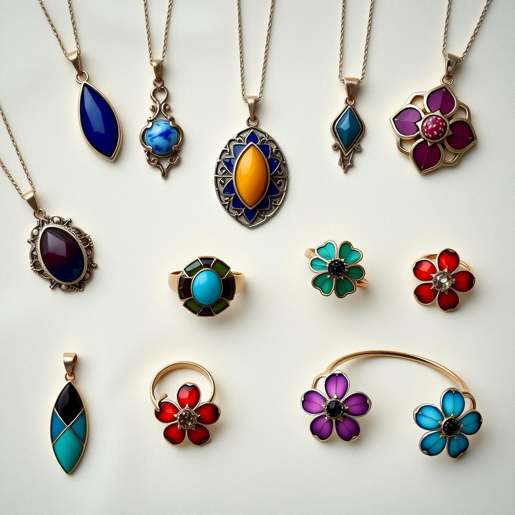 A collection of unique jewelry designs featuring vibrant enamel work