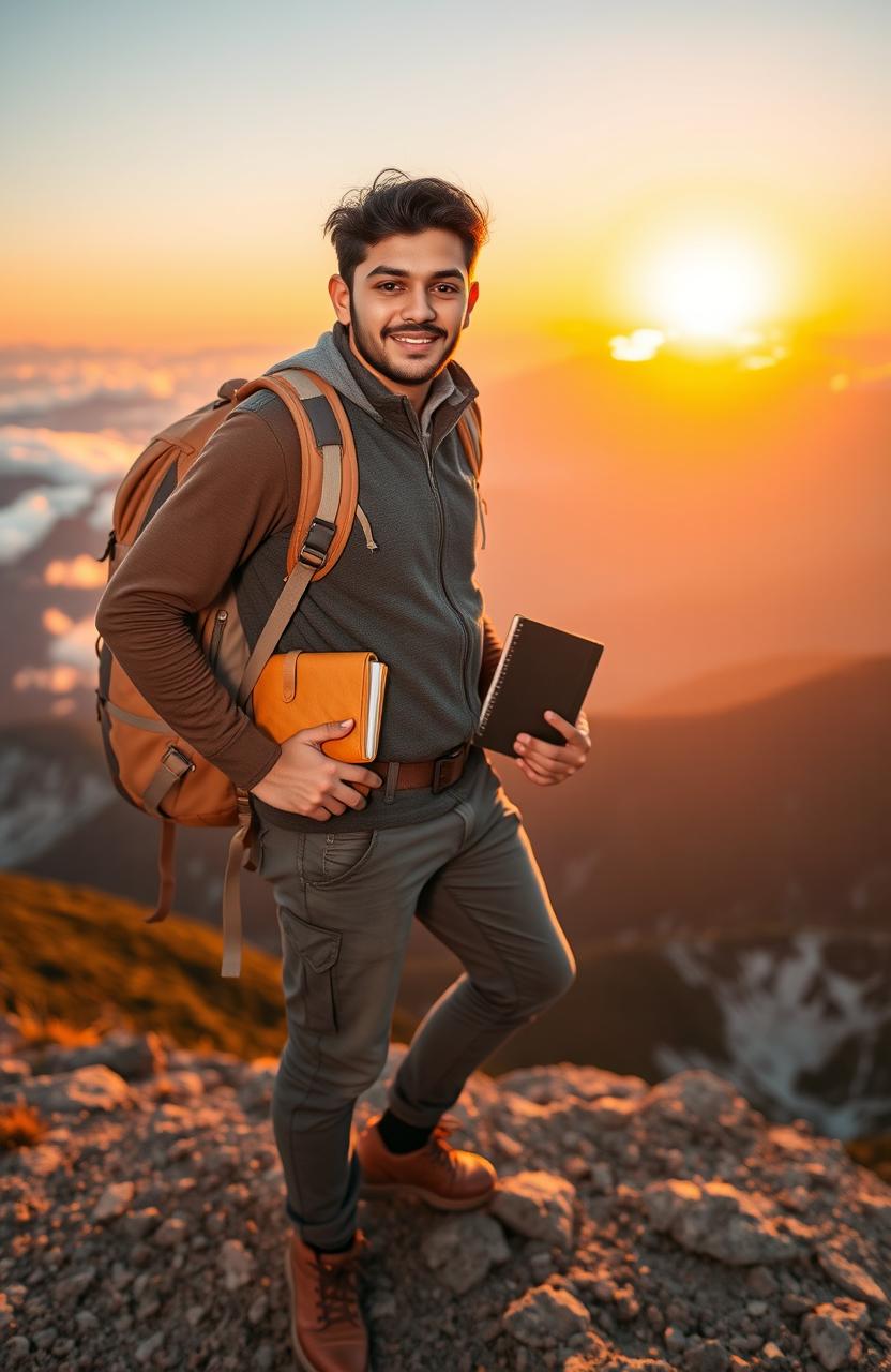 An inspiring and uplifting scene depicting a young man named Pahdi, standing confidently on a mountaintop at sunrise, with an expansive view of the valley below