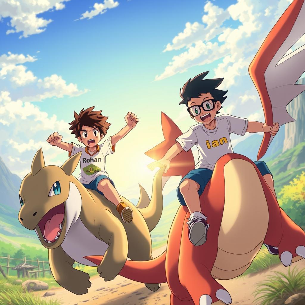 In a vibrant anime style, depict a scene with two boys engaged in a playful battle on their large Pokémon