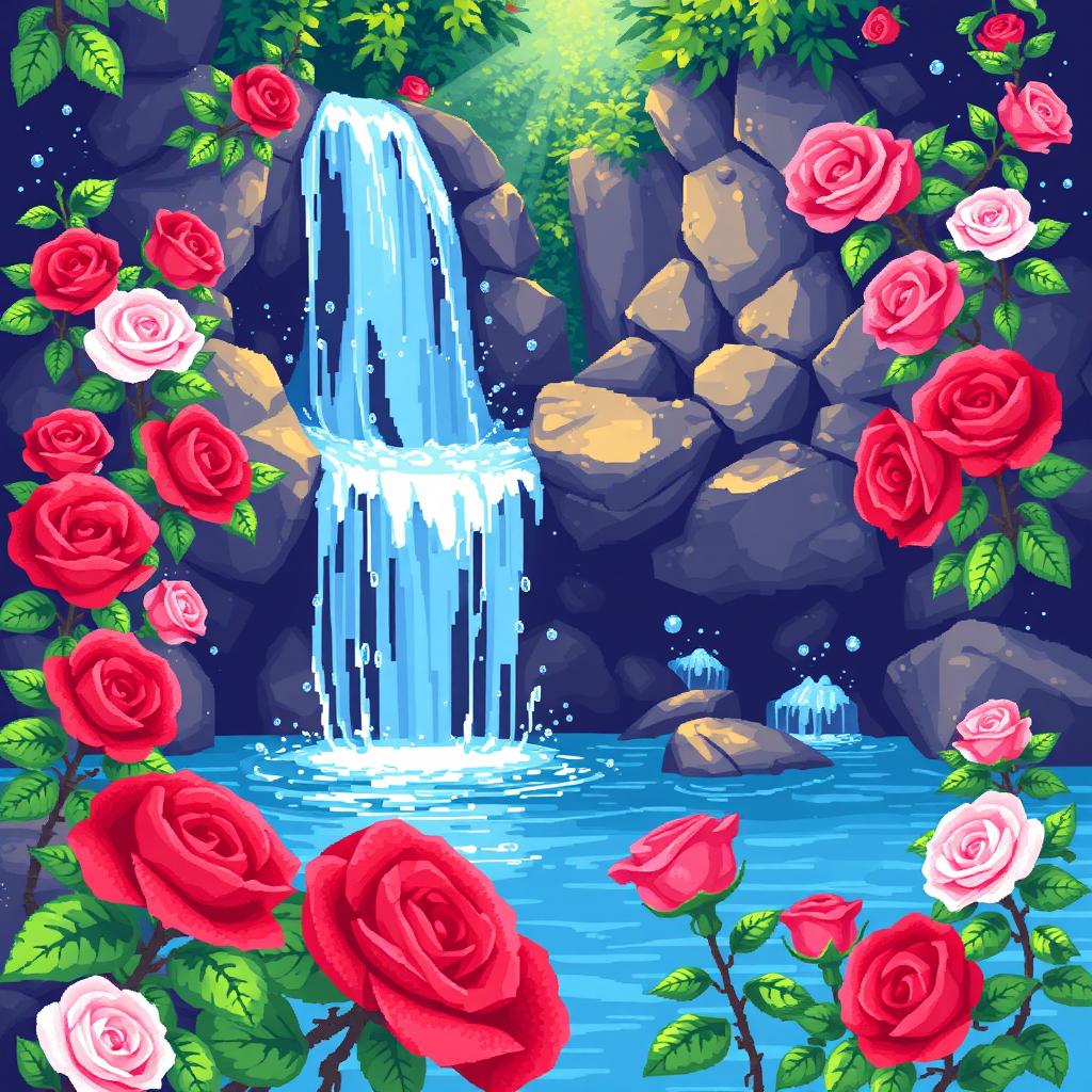 A vibrant pixel art spritesheet showcasing a beautiful waterfall surrounded by blooming roses