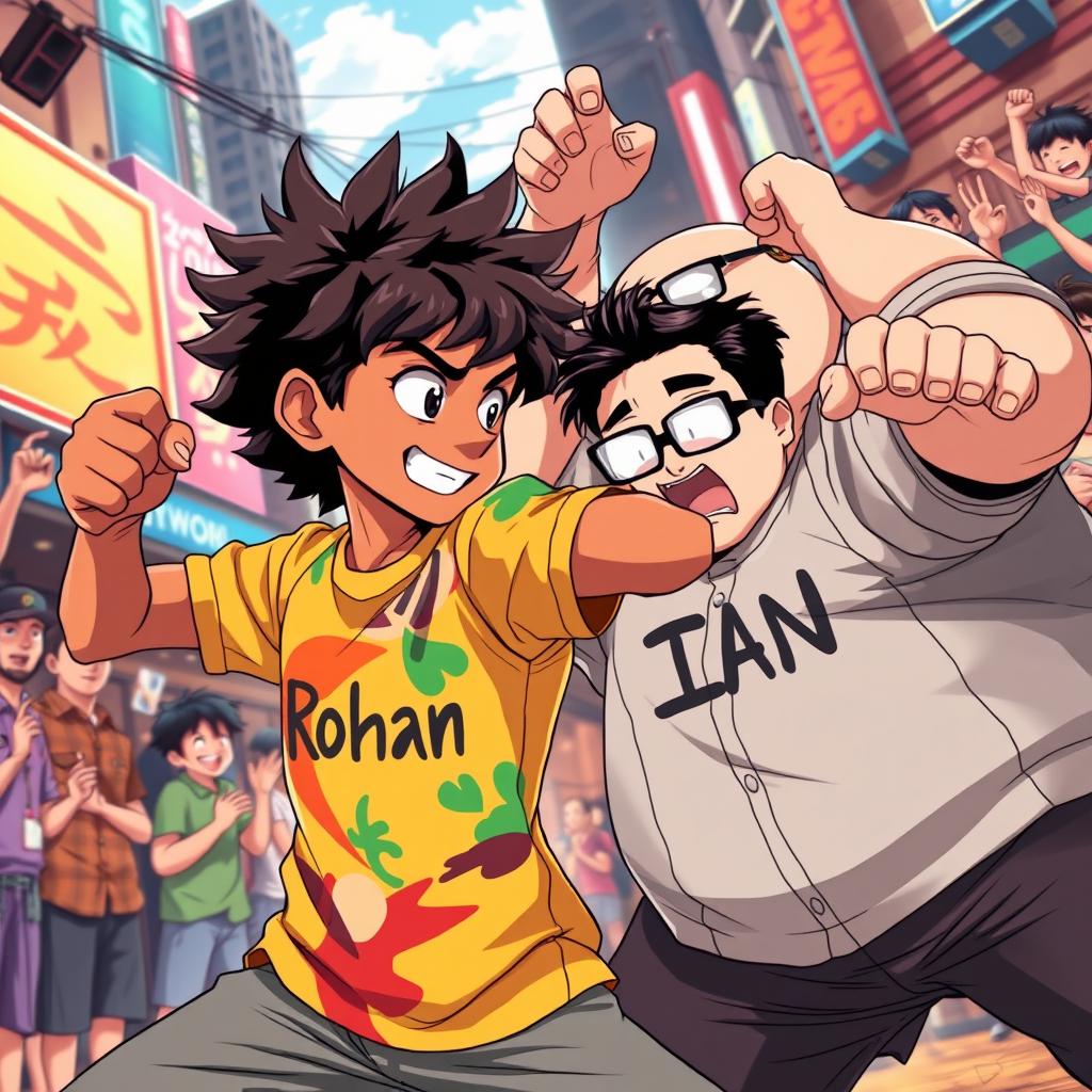 A full-figure anime scene depicting a lively and dynamic confrontation