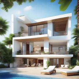 A beach view villa with terracing contours, two floors with 60m2 each, on a land area of 100m2. Both floors have a living room, bedroom, and bathroom. The second floor contains a pool, a carport, and a balcony. A soothing spot for relaxation on the rooftop.