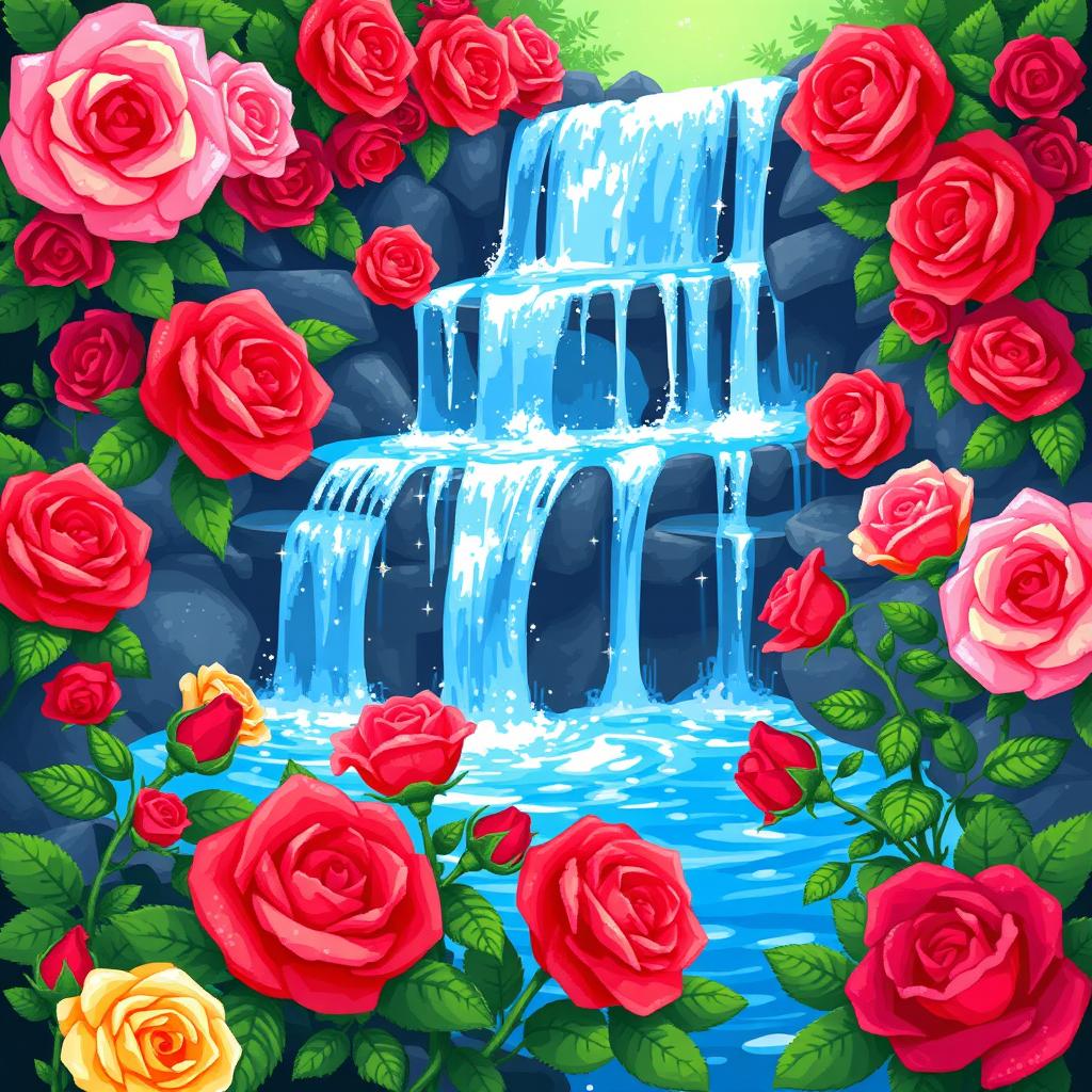 A vibrant pixel art spritesheet depicting a beautiful cascading waterfall surrounded by colorful roses