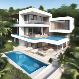 A beach view villa with terracing contours, two floors with 60m2 each, on a land area of 100m2. Both floors have a living room, bedroom, and bathroom. The second floor contains a pool, a carport, and a balcony. A soothing spot for relaxation on the rooftop.