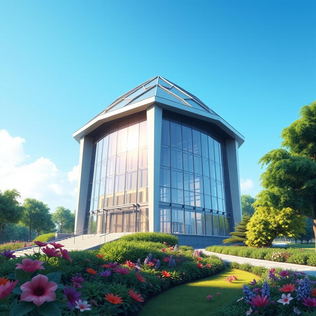 A detailed architectural illustration of a futuristic building, with the top of the structure shaped like a hexagon