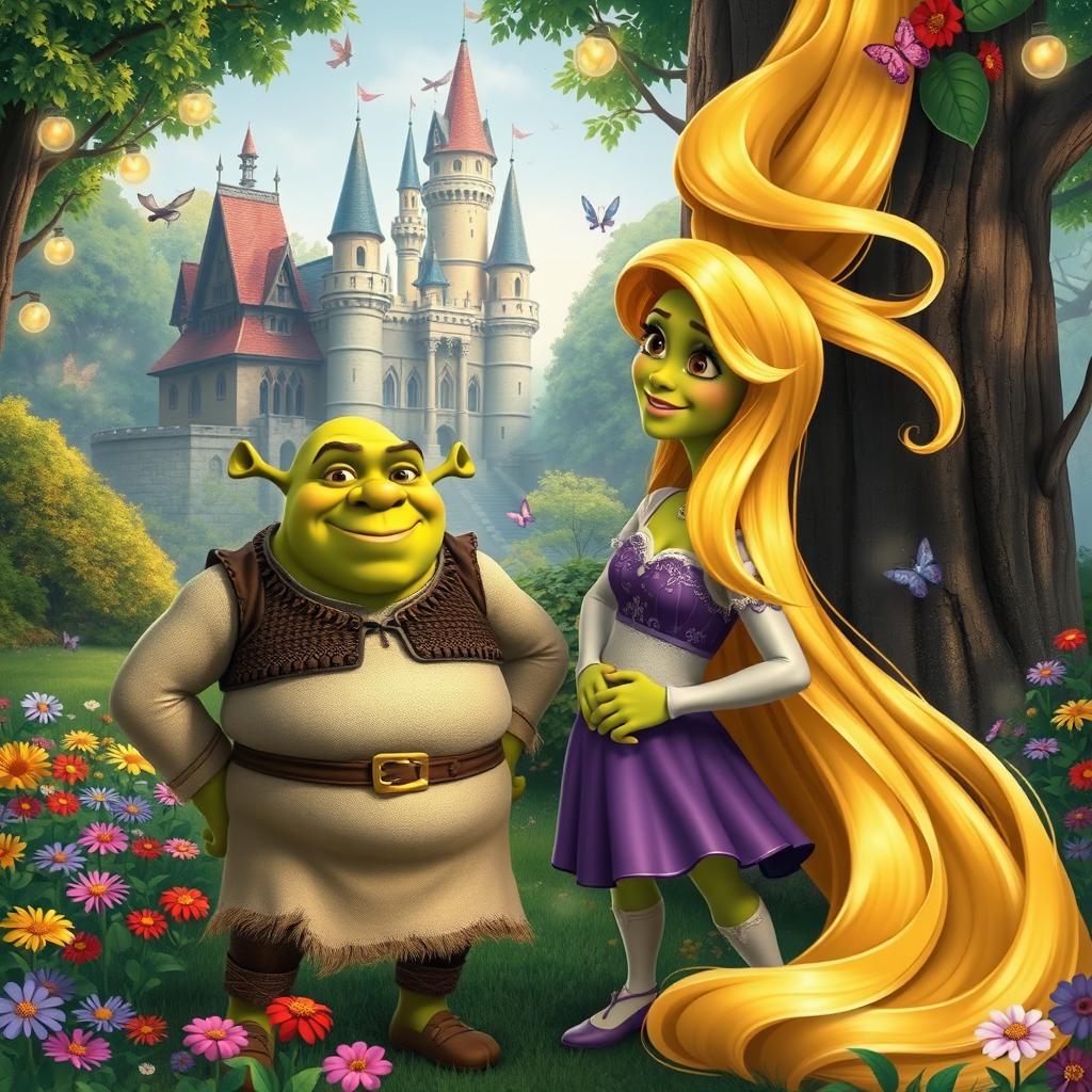 A whimsical scene featuring Shrek, the beloved green ogre, standing next to Rapunzel, the princess with her long, magical golden hair cascading down from her tower