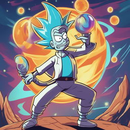 A high-quality digital art image depicting Rick Sanchez from Rick and Morty as a Dragonball character