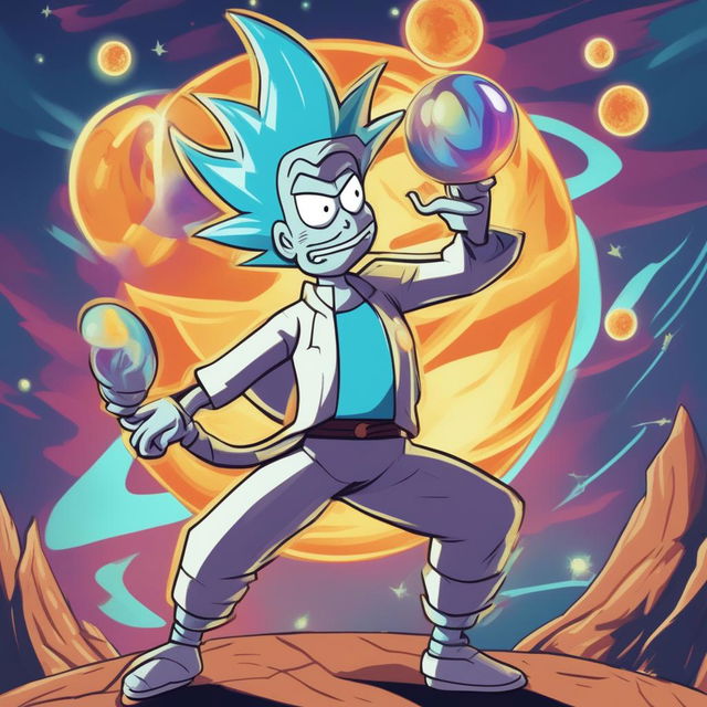 A high-quality digital art image depicting Rick Sanchez from Rick and Morty as a Dragonball character