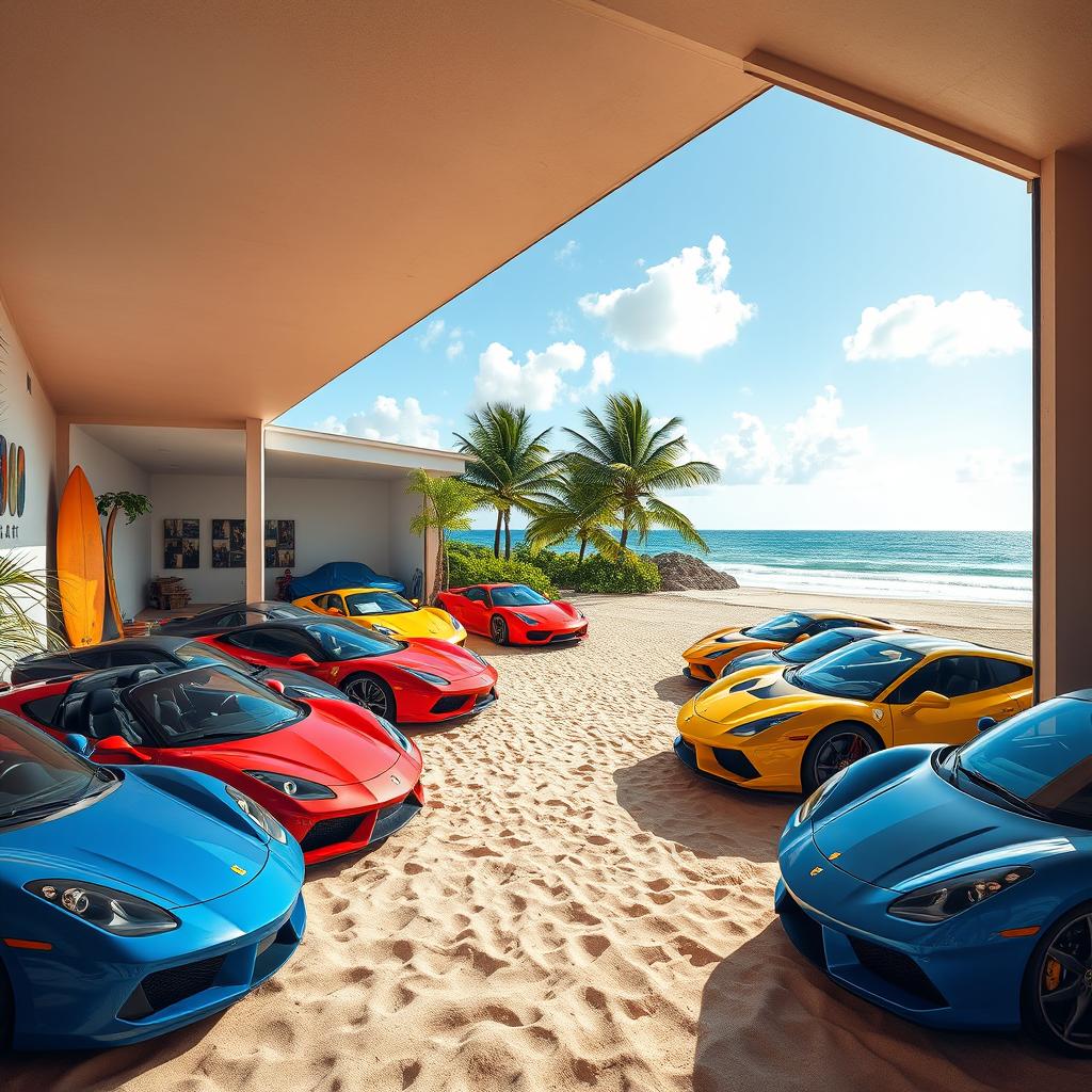 Vibrant Beachside Car Garage with Colorful Sports Cars