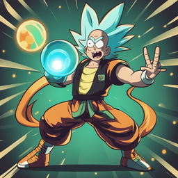 A high-quality digital art image depicting Rick Sanchez from Rick and Morty as a Dragonball character