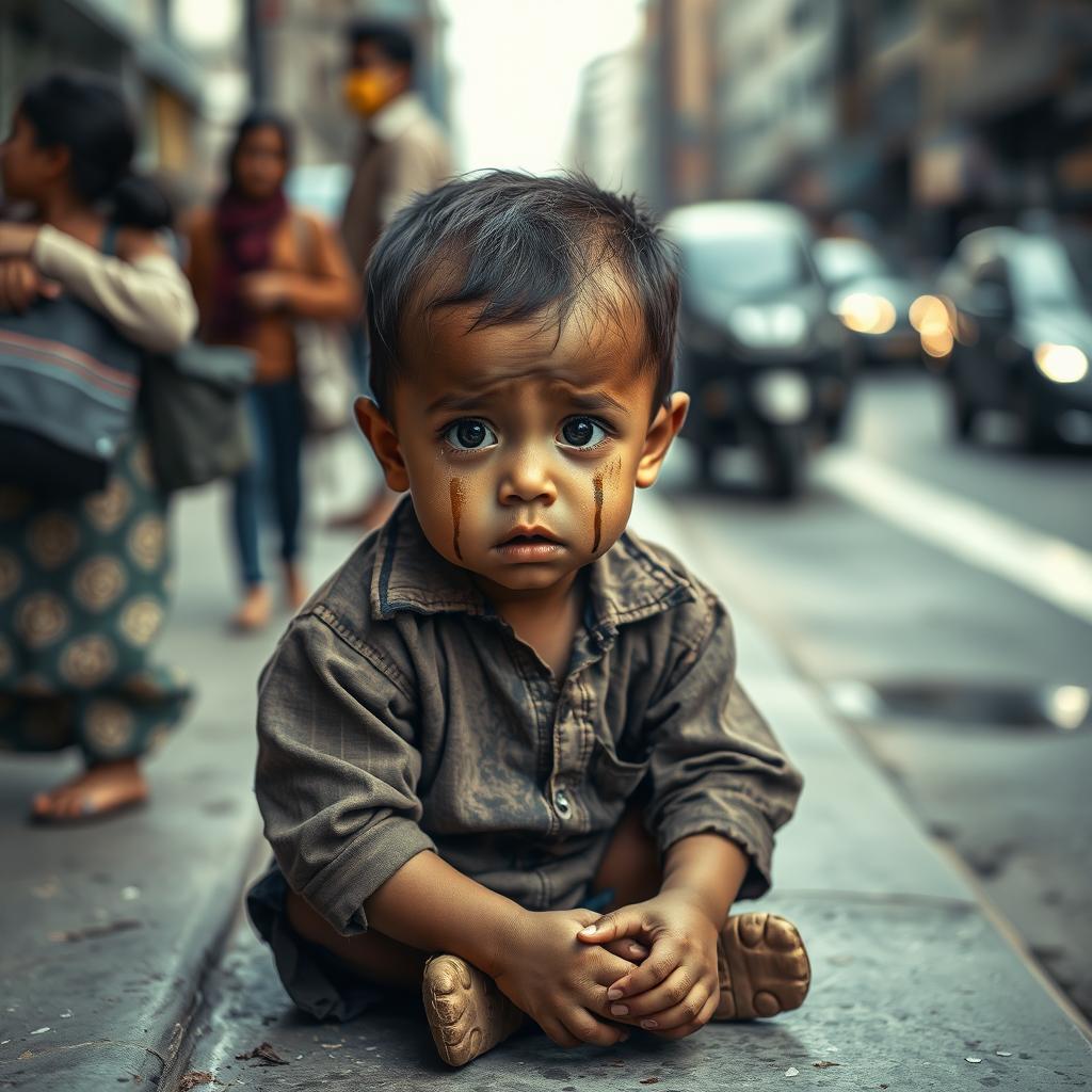A heart-wrenching scene depicting a poor child in a tattered shirt sitting on a busy city sidewalk, with tears streaming down their dirt-smudged cheeks