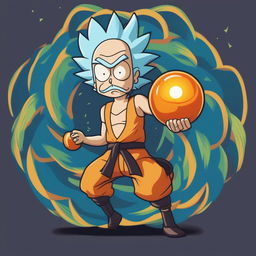 A high-quality digital art image depicting Rick Sanchez from Rick and Morty as a Dragonball character