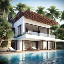 A beach view villa with terracing contours, two floors with 60m2 each, on a land area of 100m2. Both floors have a living room, bedroom, and bathroom. The second floor contains a pool, a carport, and a balcony. A soothing spot for relaxation on the rooftop.