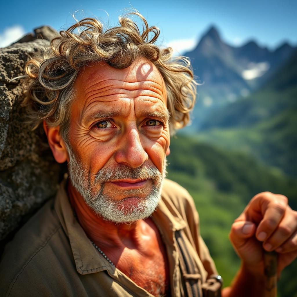 A middle-aged man with sun-kissed skin and curly hair, having shiny black eyes that reflect a special light
