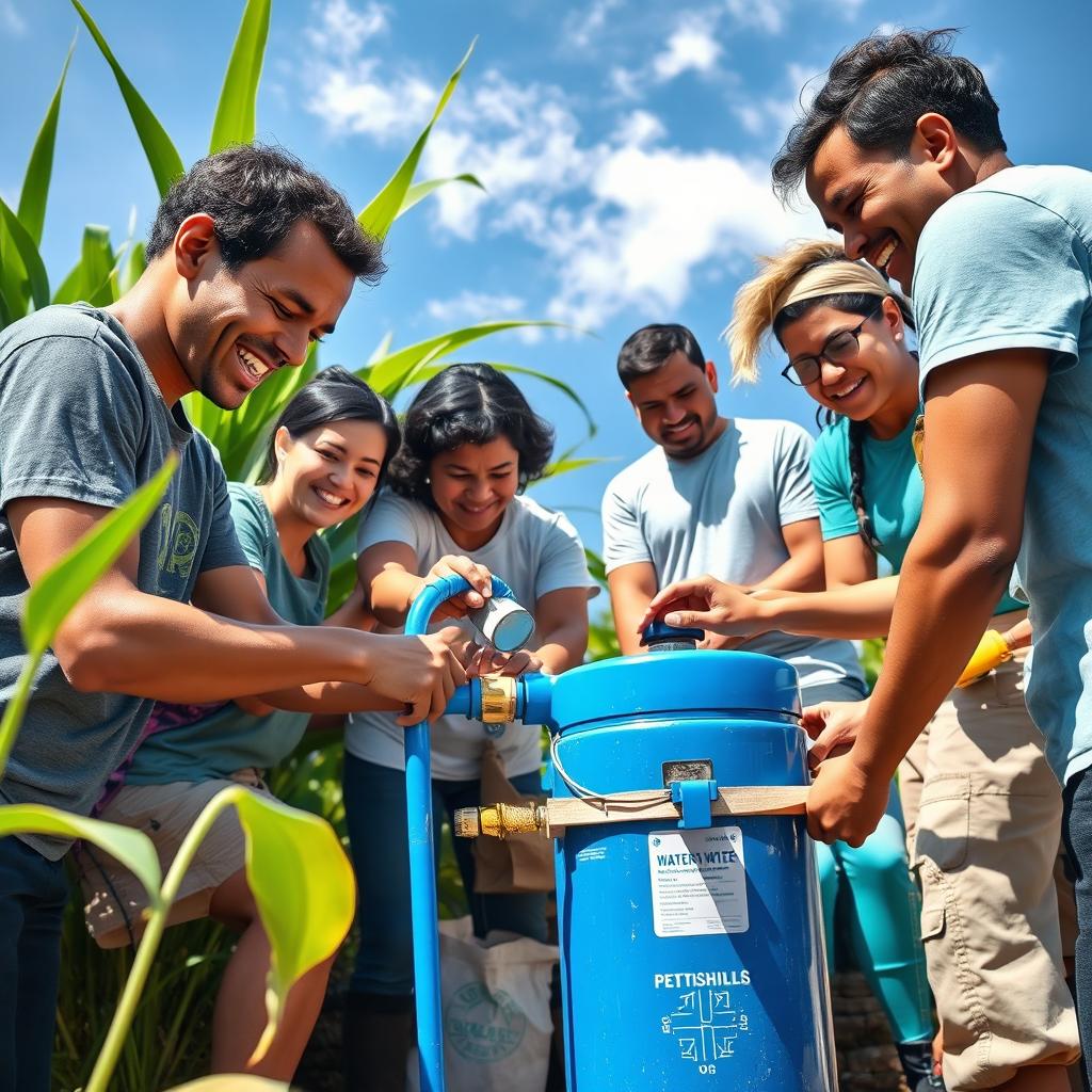 A vibrant and high-quality photo of a diverse group of volunteers working together on a water purification project