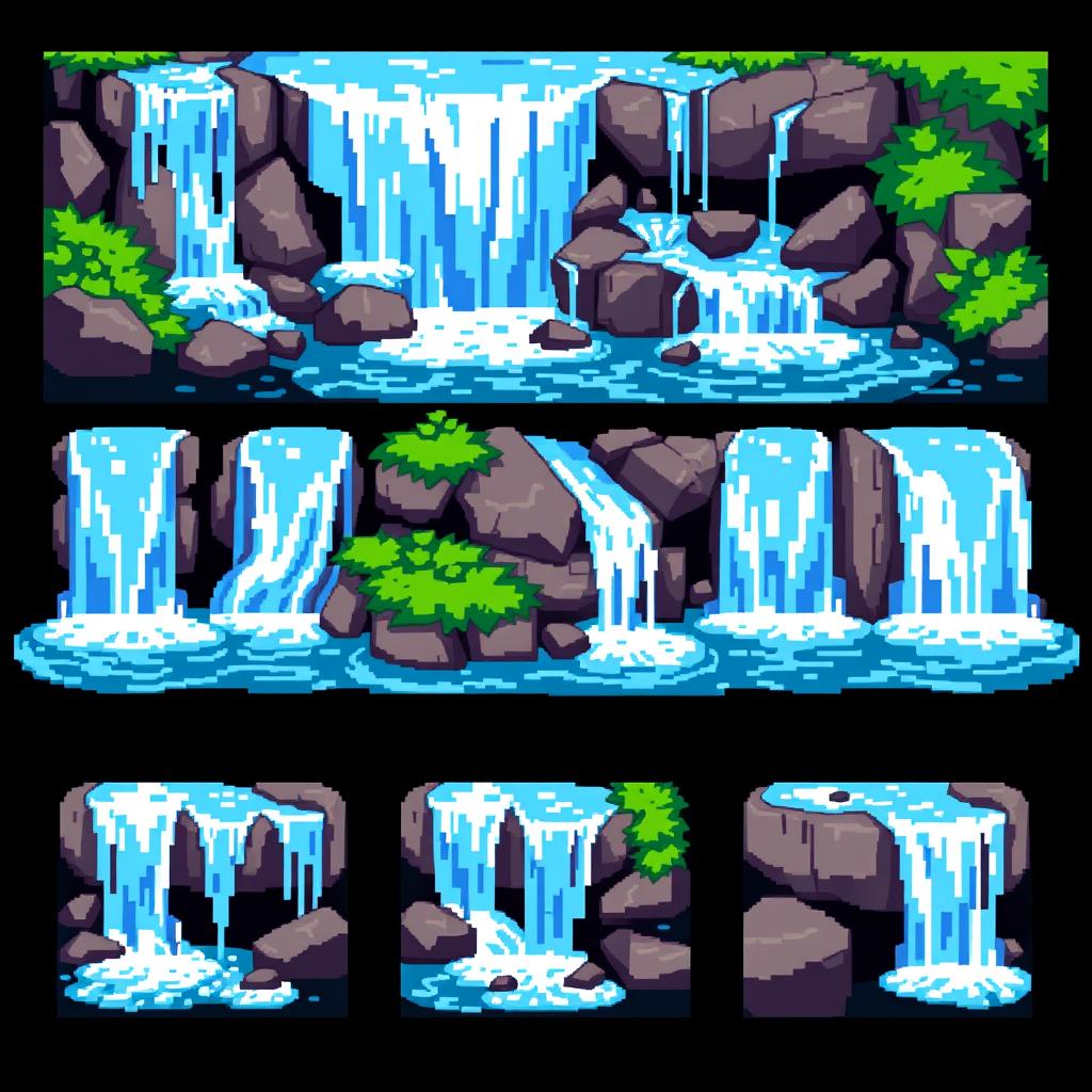 A pixel art spritesheet featuring a beautiful waterfall cascading over rocks