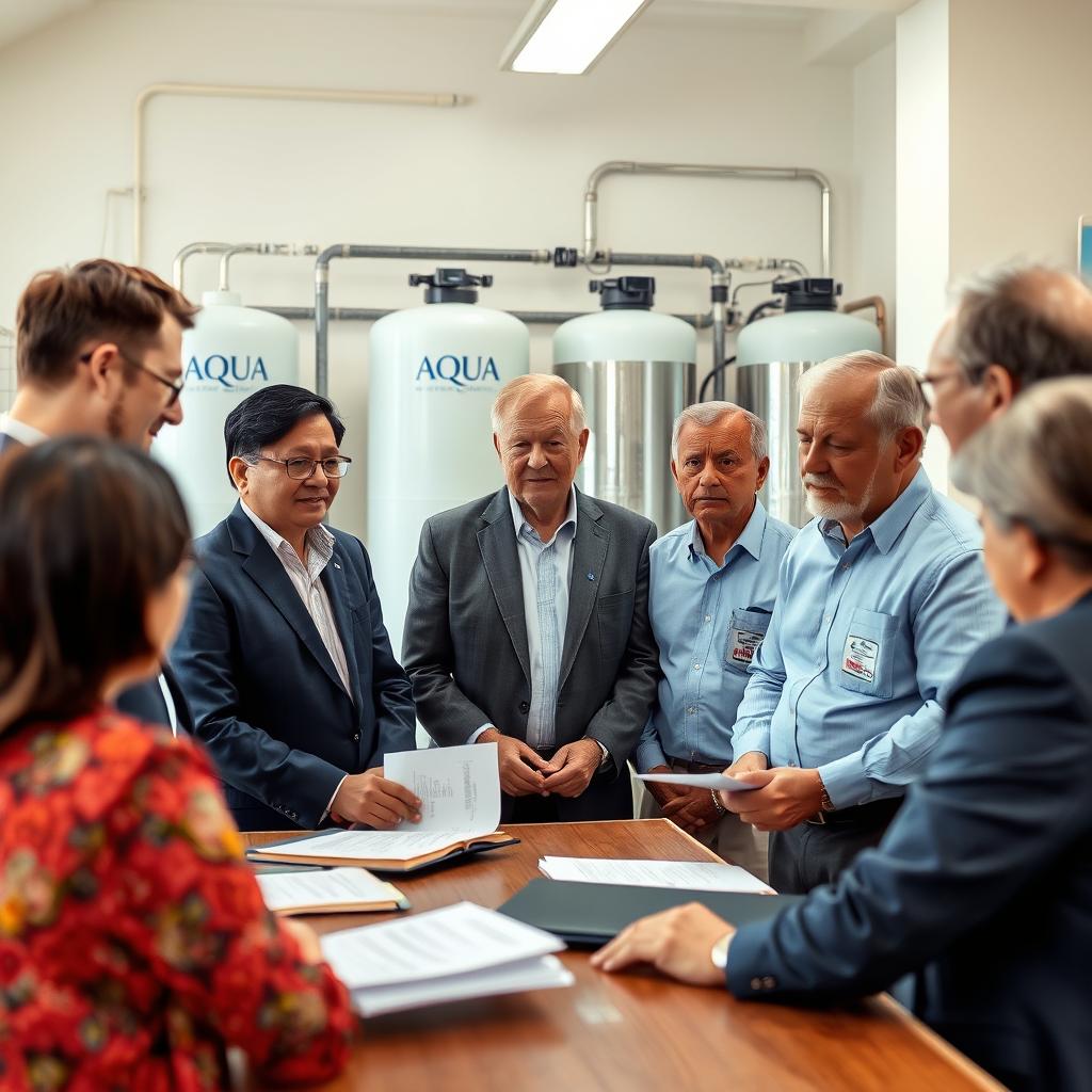 A professional photograph capturing a meeting between Aqua International representatives and local government officials