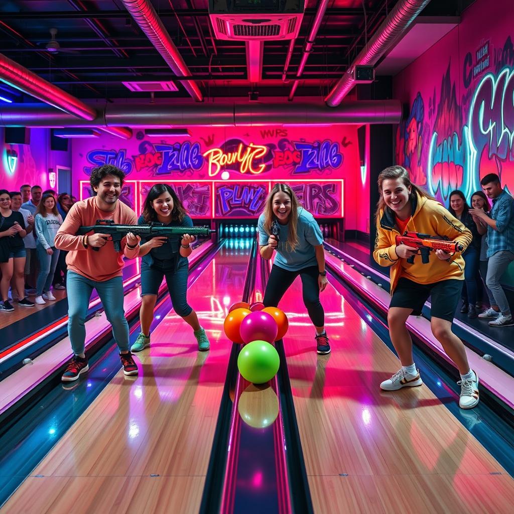 A thrilling and fun scene depicting a group of friends bowling in a vibrant arcade-style bowling alley, each holding airsoft guns instead of bowling balls