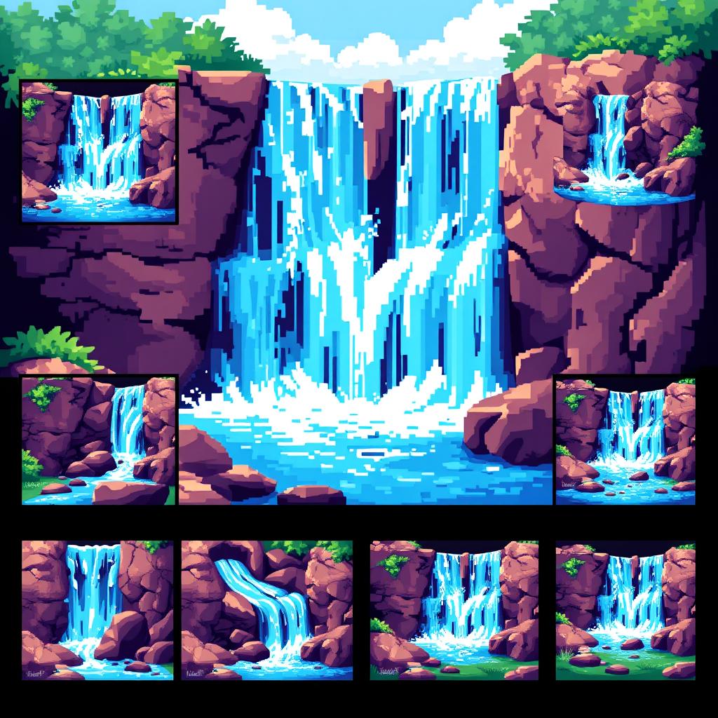 A pixel art spritesheet featuring a beautiful waterfall cascading over large, textured rocks