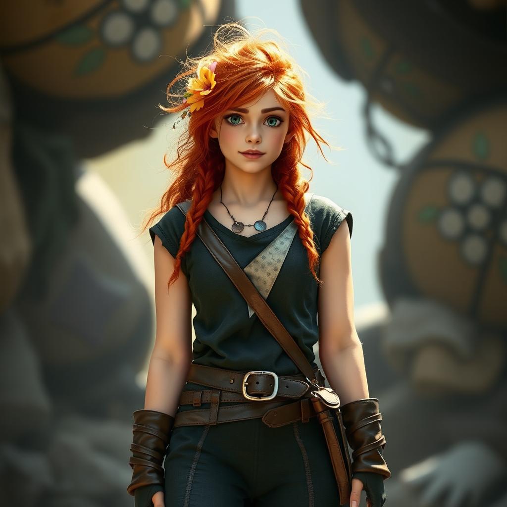 A tall and confident young woman inspired by the main character from the movie Brave, featuring messy red hair adorned with colorful flowers