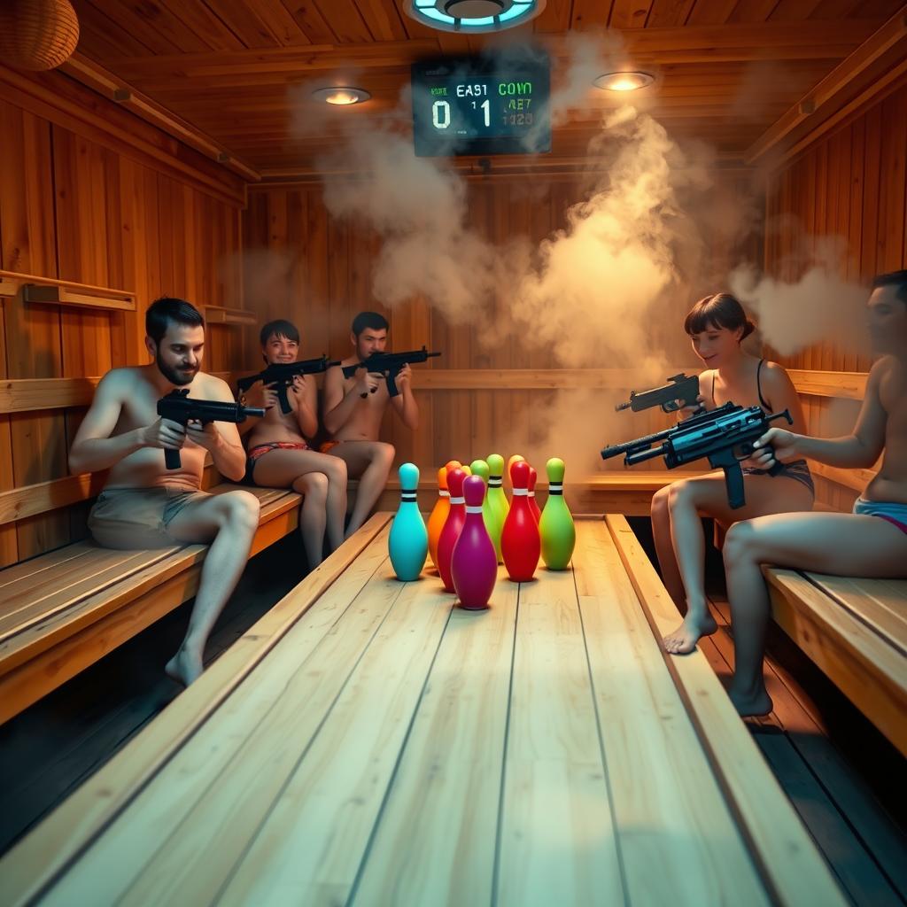 A unique and entertaining setting featuring a sauna that has been creatively transformed into a bowling alley