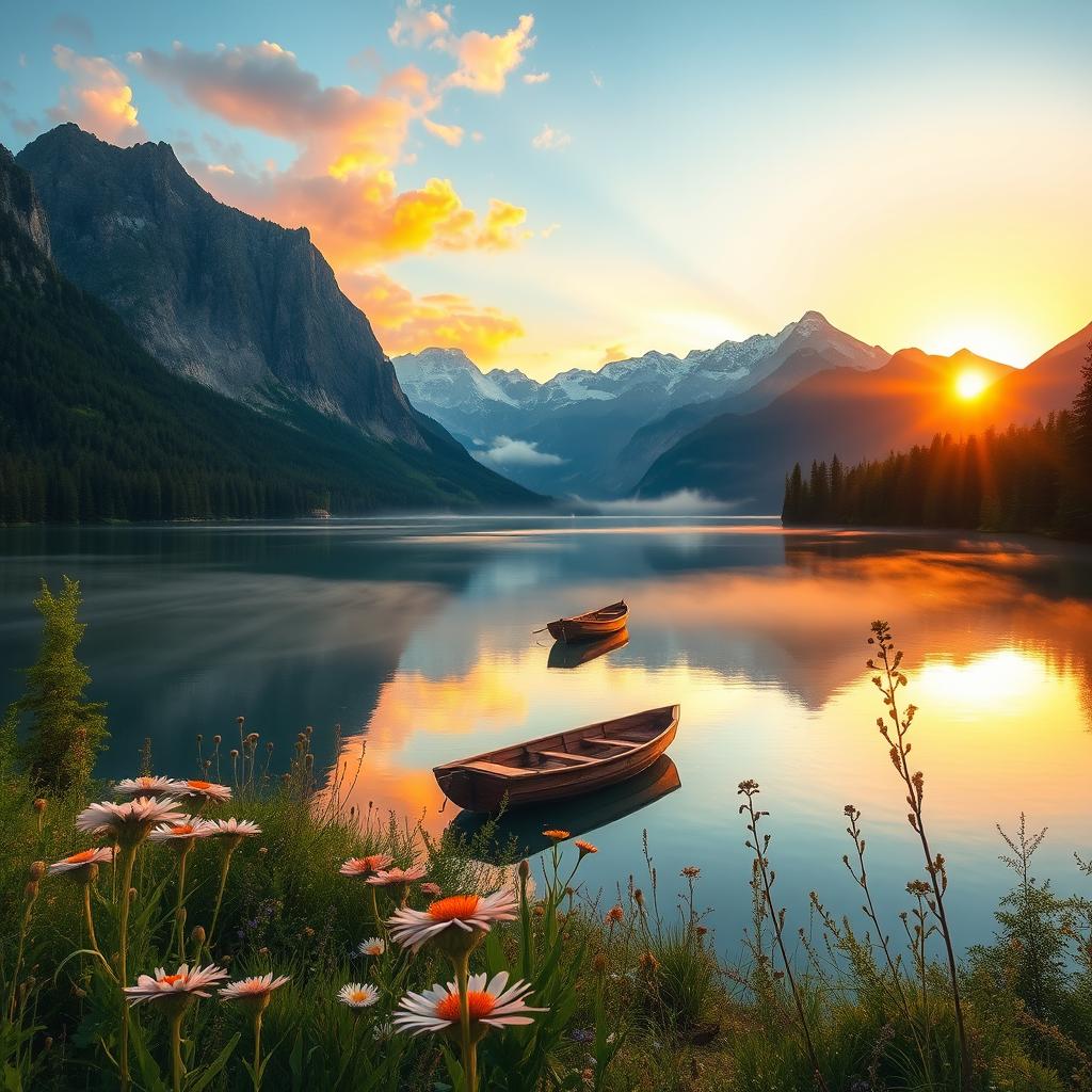A serene landscape featuring a tranquil lake amidst towering mountains, with a vibrant sunset casting warm hues across the sky and reflecting on the water's surface