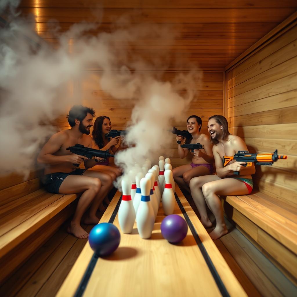 An imaginative scene inside a sauna that has been transformed to include a fun bowling element