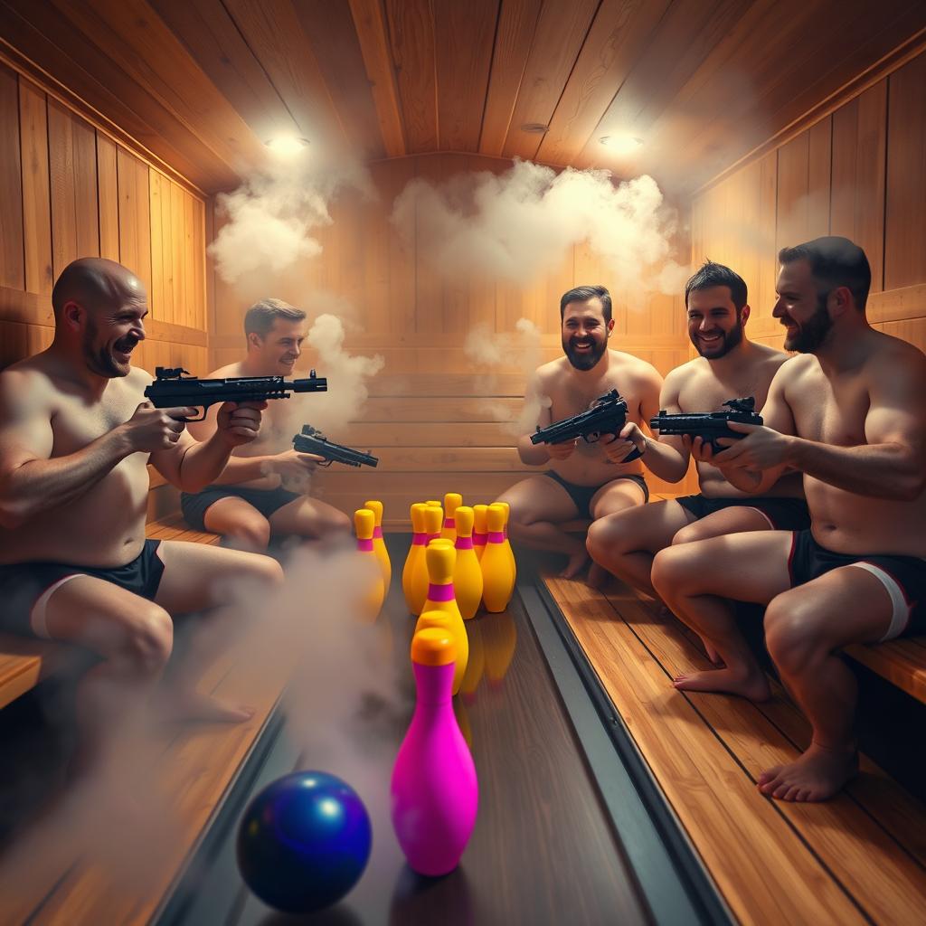 A lively and humorous scene featuring a group of men enjoying a unique bowling experience inside a sauna