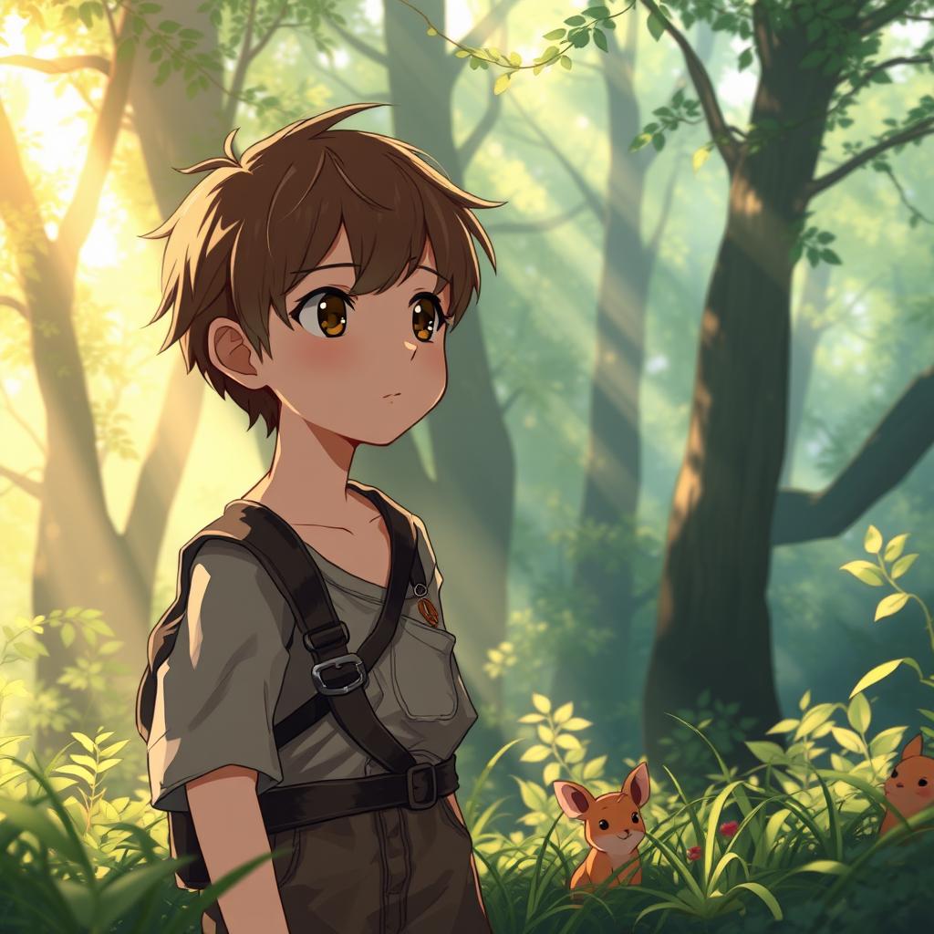 A serene fantasy landscape featuring a quiet anime boy with short brown hair