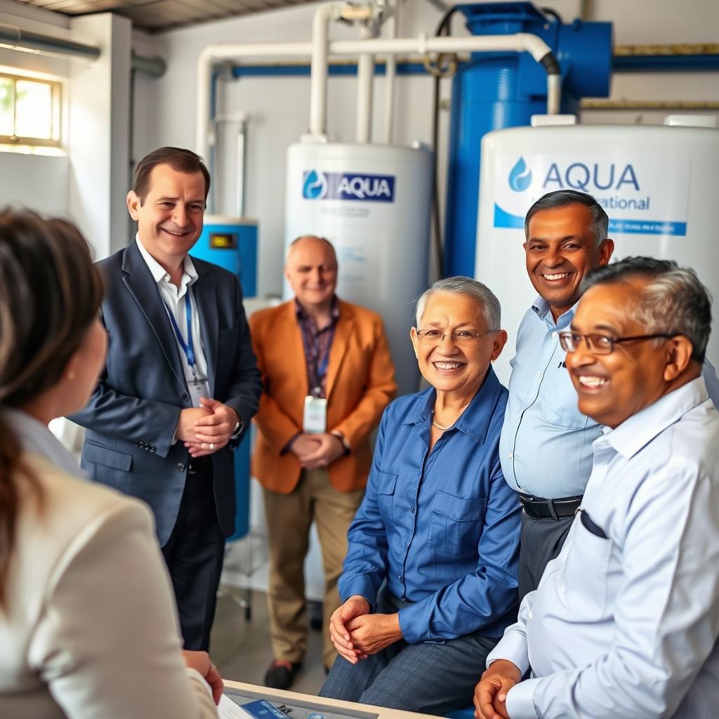 A professional photograph capturing a meeting between Aqua International representatives and local government officials