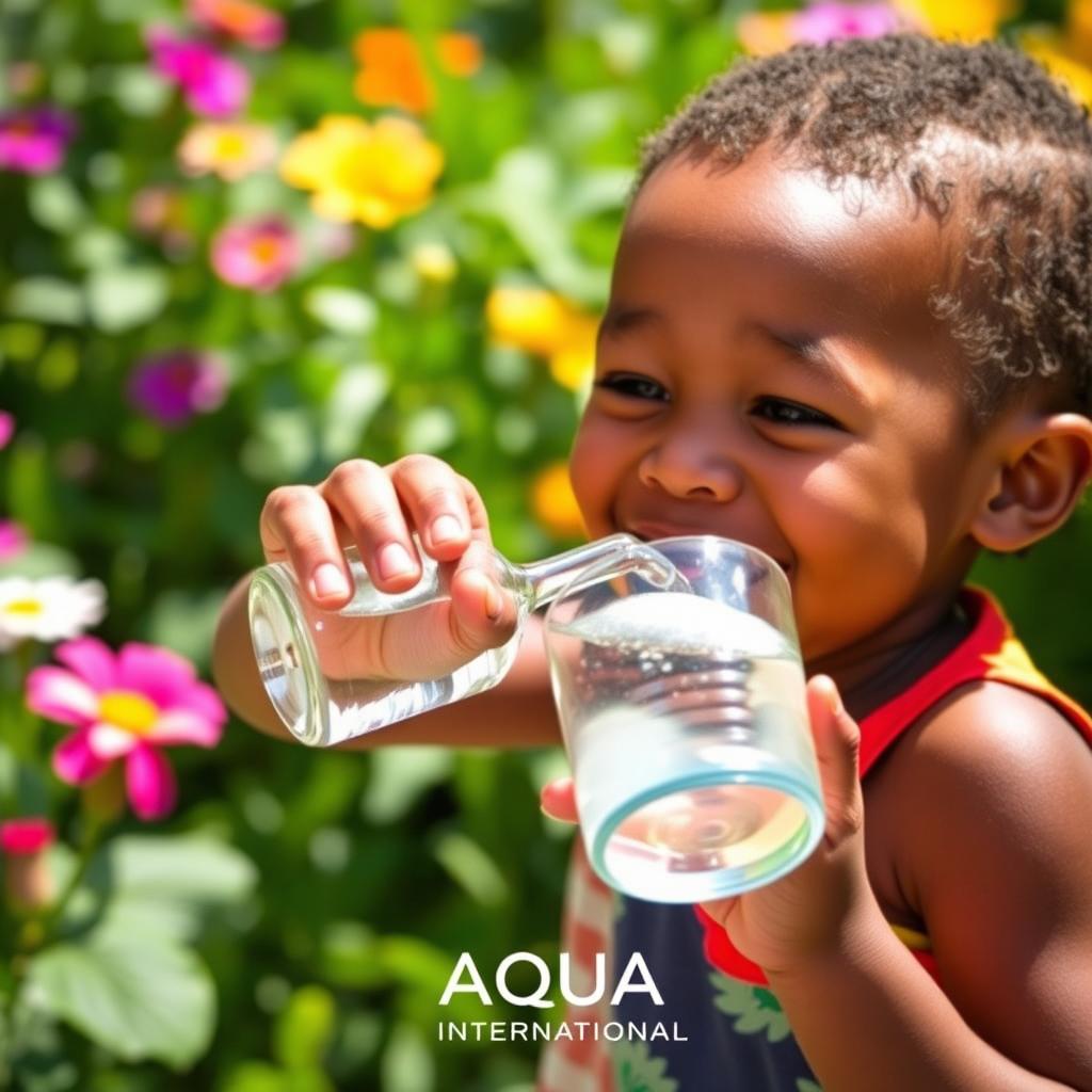 A heartwarming scene depicting a young child happily drinking clean, refreshing water from a cup, with bright, cheerful expressions