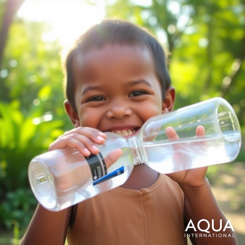 A heartwarming image depicting a young child joyfully drinking clean, fresh water from a clear plastic water bottle, their face lit up with happiness and gratitude