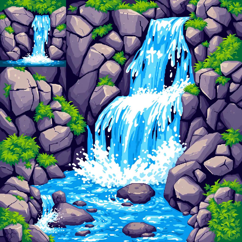 A pixel art spritesheet featuring a vibrant and detailed waterfall cascading down rugged rocks