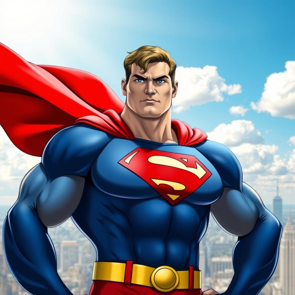 A superhero resembling Superman, with a muscular build and a confident pose, wearing a costume that features the F3 logo prominently on the chest