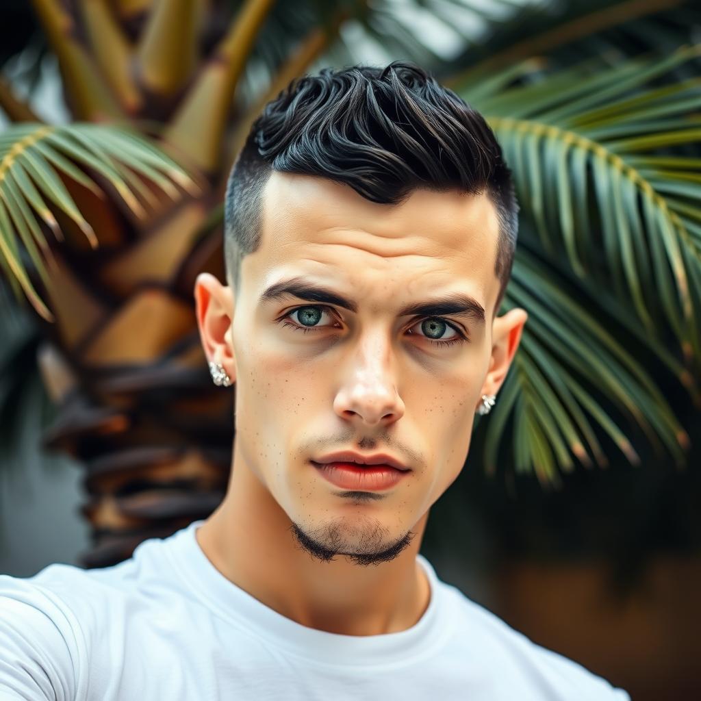 A Brazilian Pardo male with thin white skin, styled with a black buzzcut featuring waves and compact hair cut close to his scalp