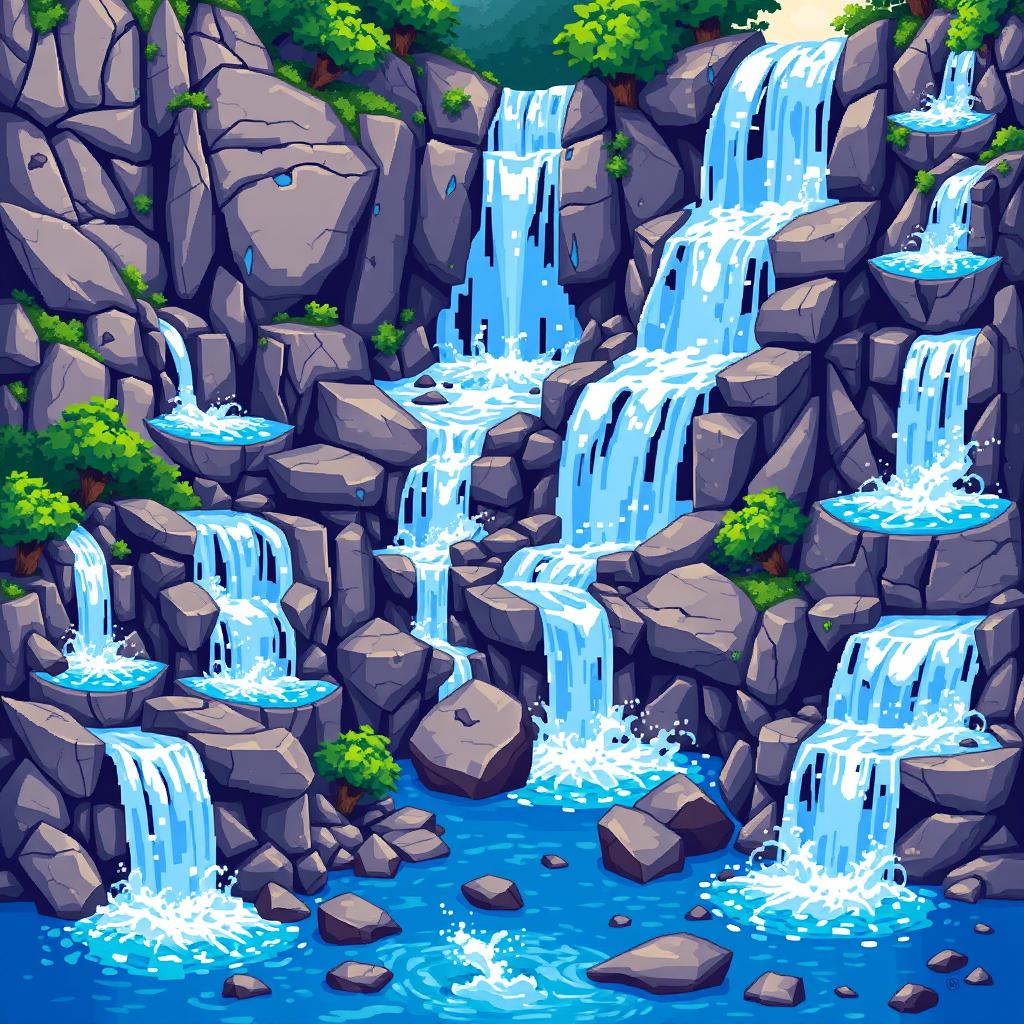 A pixel art spritesheet of a beautiful waterfall cascading down rocky cliffs, featuring a variety of animated frames showing the water flow and splashes at the base