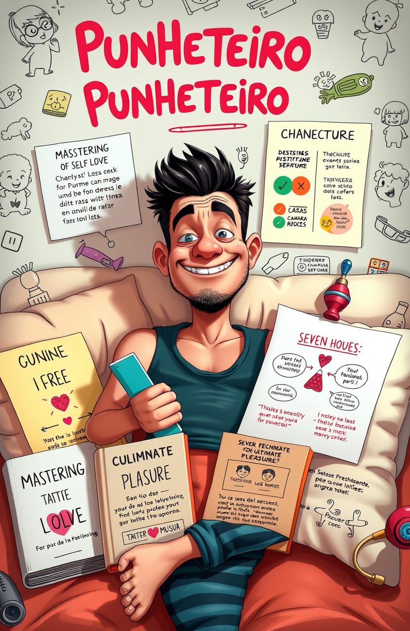 A humorous and playful depiction of a 'Punheteiro', an individual who indulges in self-pleasure, surrounded by a variety of quirky objects and instructional diagrams that humorously illustrate various techniques