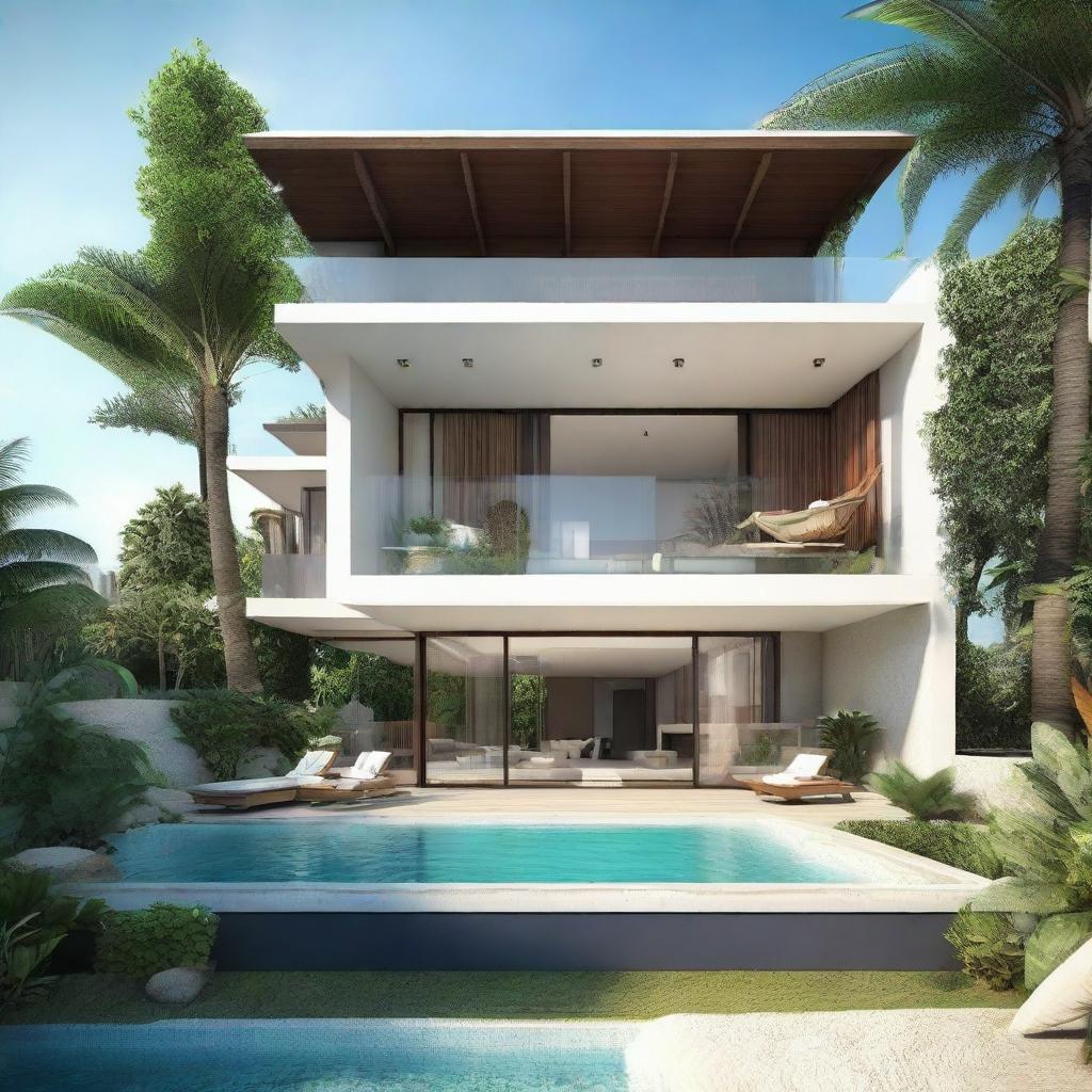 Two-story terraced beach villa, each floor of 60m2, set in a 100m2 land plot. Each floor contains a bedroom, bathroom, and living area. Second floor features a pool, carport, and balcony. A rooftop relaxation area crowns the villa.