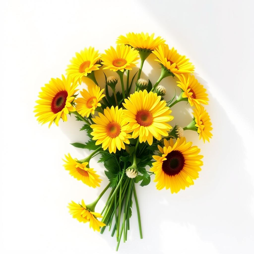 A beautiful bouquet of 21 vibrant yellow flowers arranged artistically, set against a clean white background