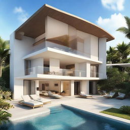 Two-story terraced beach villa, each floor of 60m2, set in a 100m2 land plot. Each floor contains a bedroom, bathroom, and living area. Second floor features a pool, carport, and balcony. A rooftop relaxation area crowns the villa.