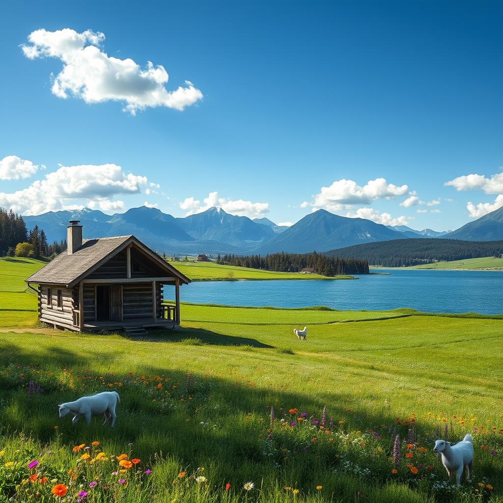A serene cabin nestled in a picturesque landscape, surrounded by lush green farmland and a tranquil lake