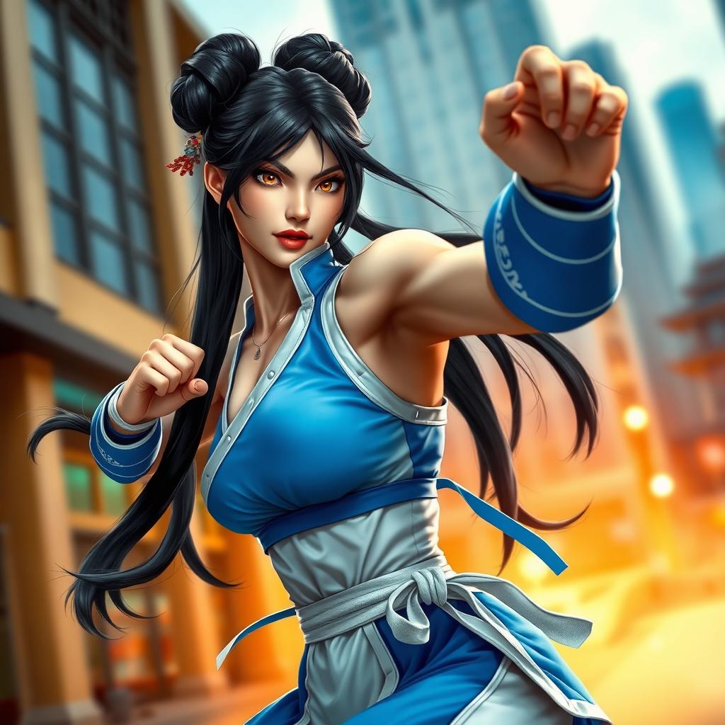 A dynamic and powerful female fighter character inspired by Chun-Li from fighting video games