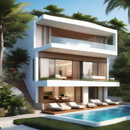 Two-story terraced beach villa, each floor of 60m2, set in a 100m2 land plot. Each floor contains a bedroom, bathroom, and living area. Second floor features a pool, carport, and balcony. A rooftop relaxation area crowns the villa.