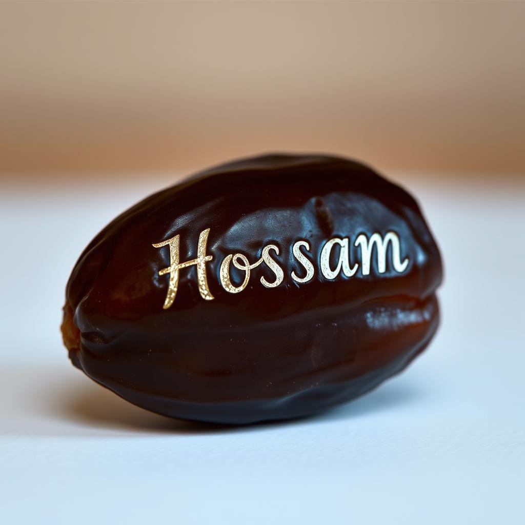 A single date pit with the name 'Hossam' elegantly engraved on its surface