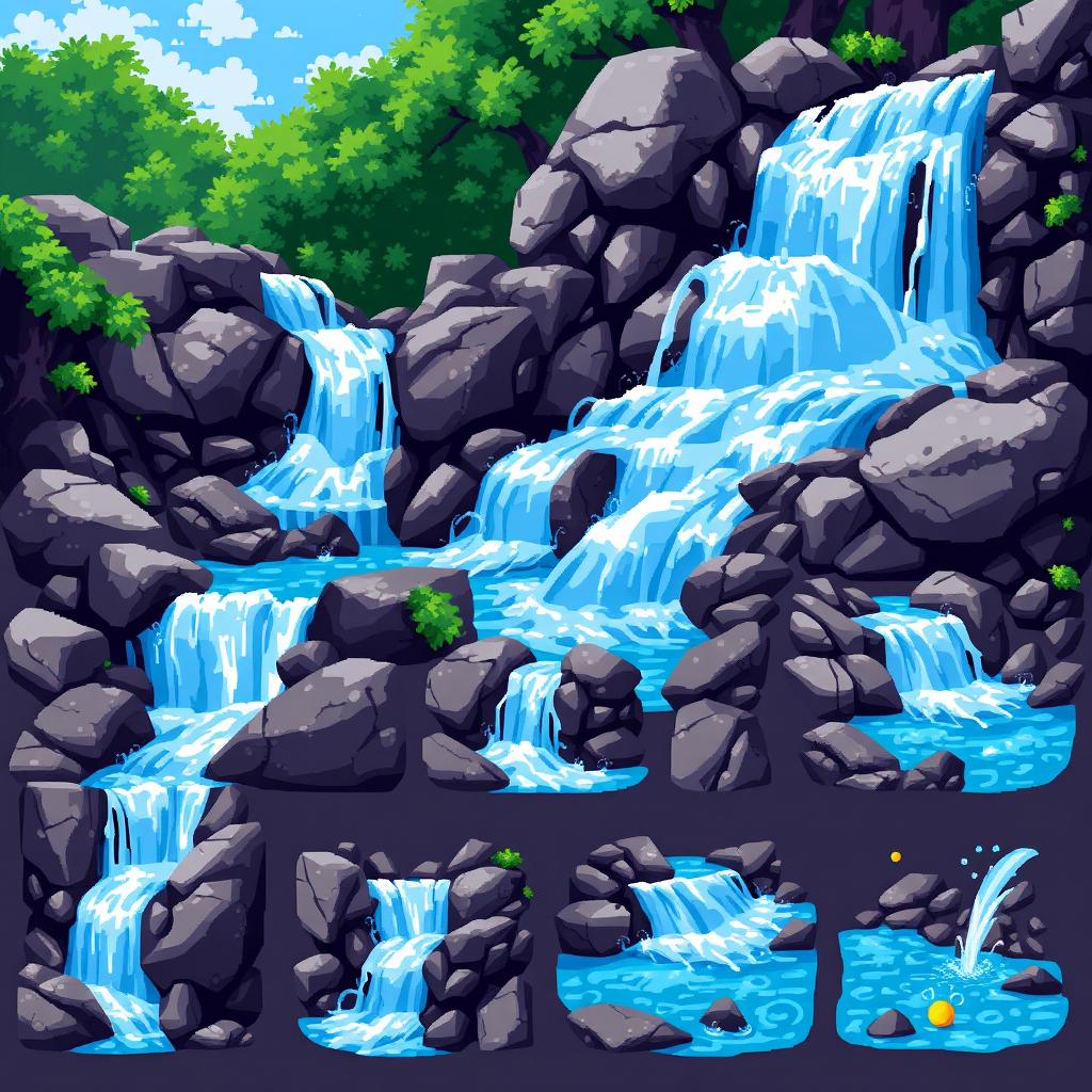 A vibrant pixel art spritesheet depicting a beautiful waterfall cascading over rocks