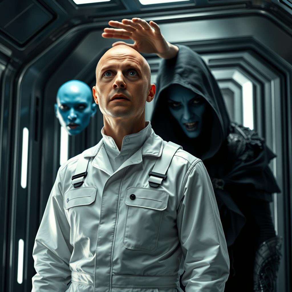 A futuristic scientist, wearing sleek, shiny white overalls, stands in awe inside a metallic room, his wide eyes and open mouth expressing astonishment