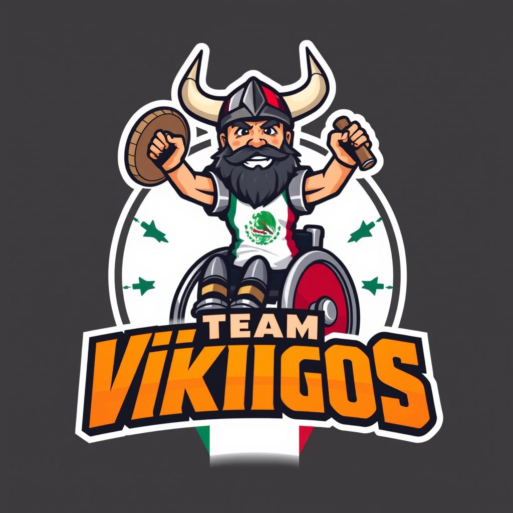 An animated logo featuring a Viking in a wheelchair, dressed in the Mexican national uniform