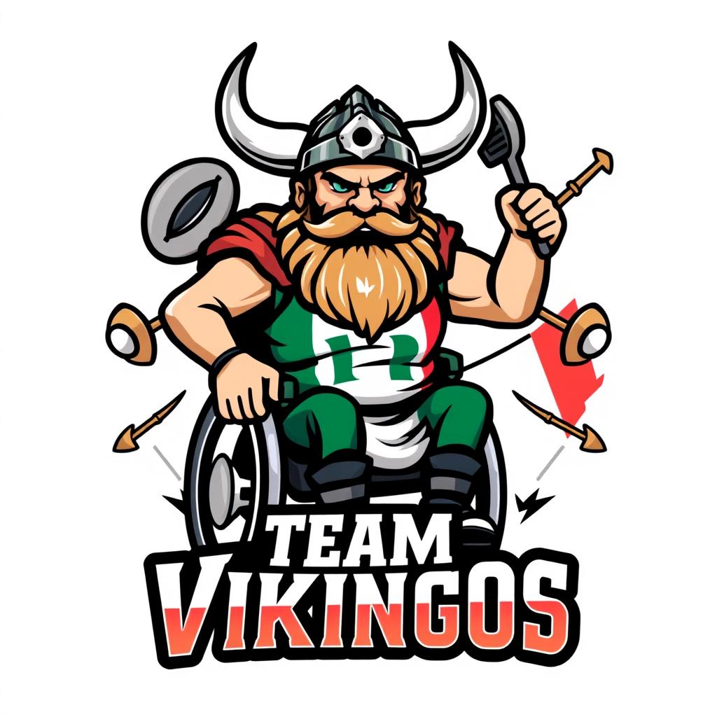 A dynamic logo design featuring a Viking in a wheelchair, proudly wearing a Mexican uniform