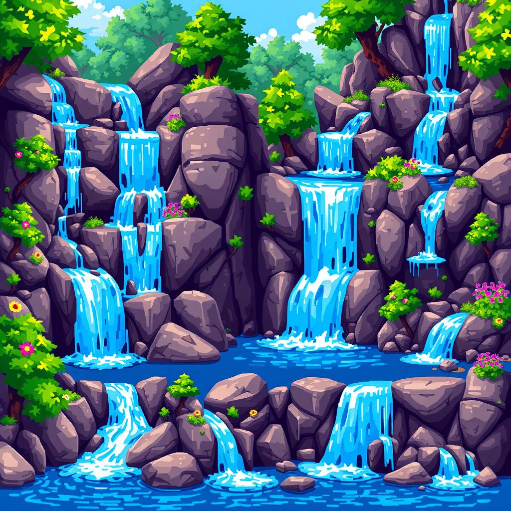 A detailed pixel art spritesheet showcasing a beautiful waterfall cascading over rocks