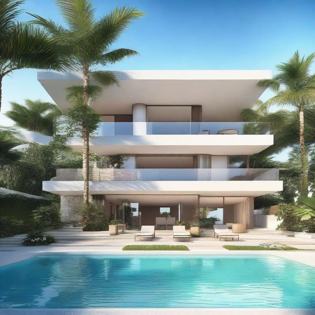 A terraced, beachfront villa with a single floor measuring 60m2 set within a 100m2 land plot. It contains a living room, bedroom, bathroom, and a 60m2 second storey featuring a pool, carport, and balcony. A rooftop relaxation area provides panoramic beach views.